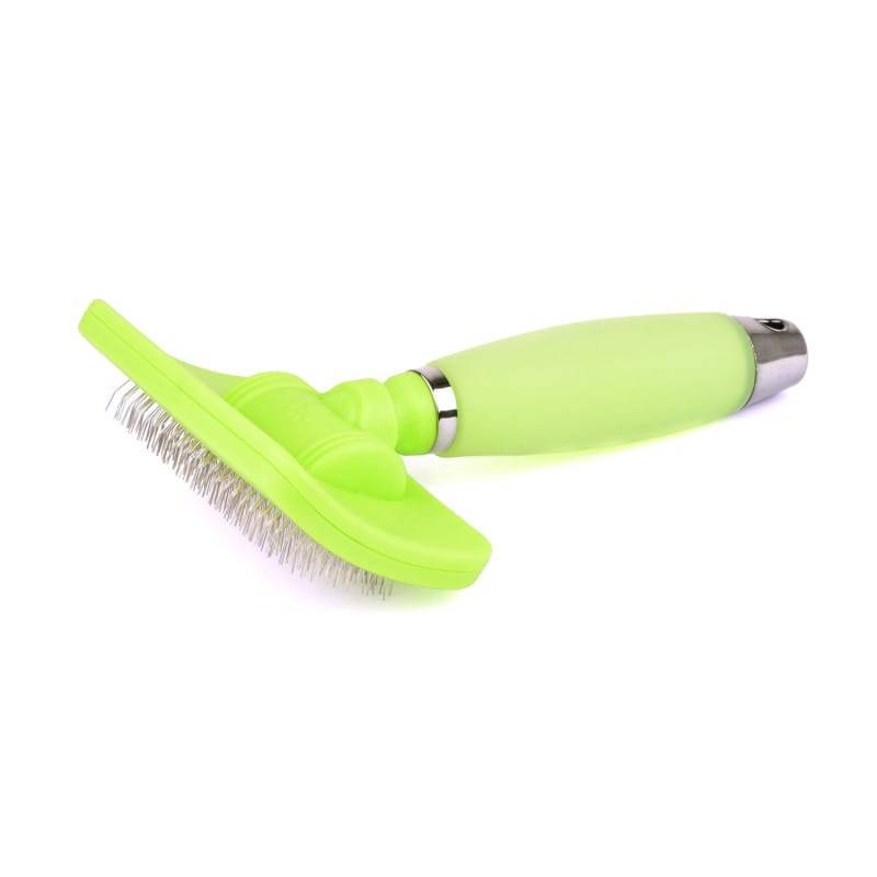Green silicone pet grooming slicker brush with metal bristles and soft handle