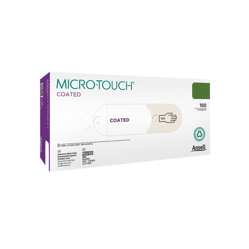 Witte Ansell Micro-Touch latex onderzoekshandschoenen met coating, doos van 100