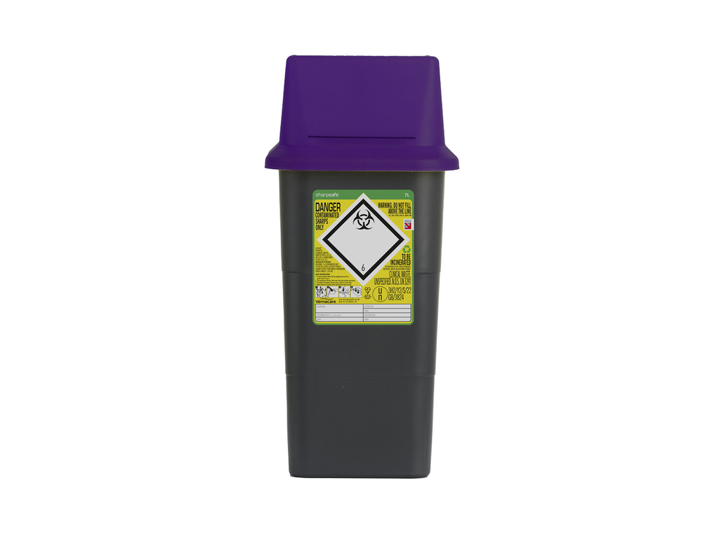 7 Litre Sharpsafe Grey Sharps Bin - Purple Lid - UKMEDI