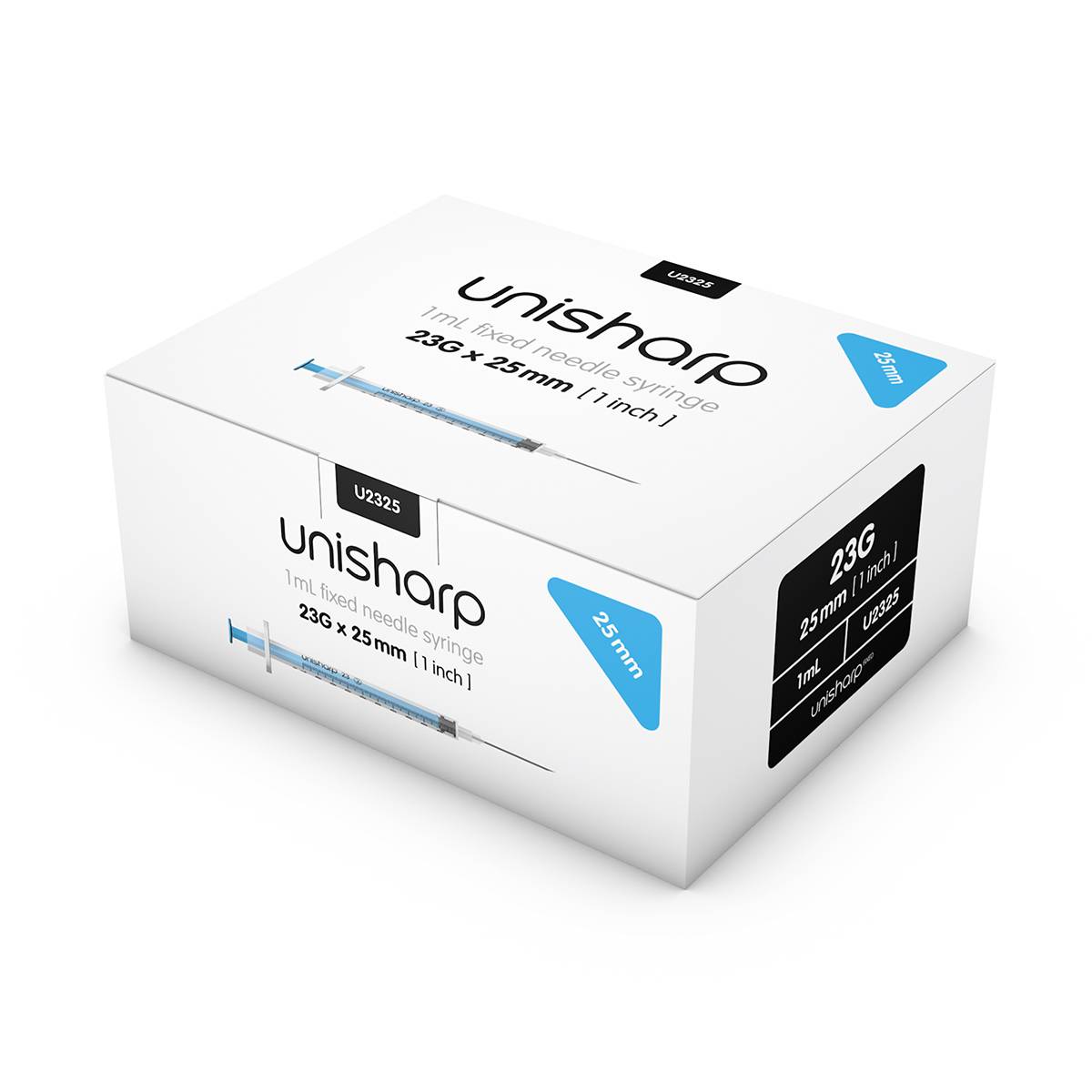 1ml 23G 25mm 1 inch Unisharp spuit met vaste blauwe naald u100
