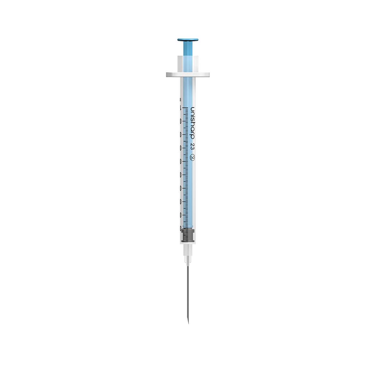 1ml 23G 25mm 1 inch Unisharp spuit met vaste blauwe naald u100