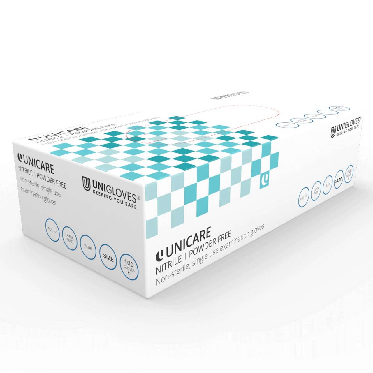 Unicare blauwe nitrilhandschoenen, poedervrij, doos van 100
