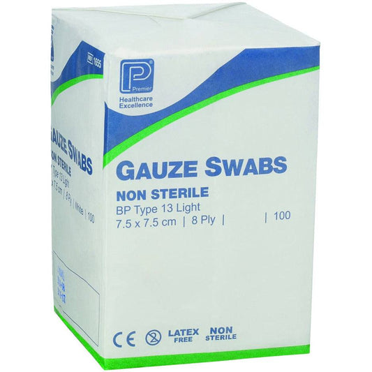 7.5 x 7.5cm 8ply Premier Green Cotton Gauze Swabs Pack of 100