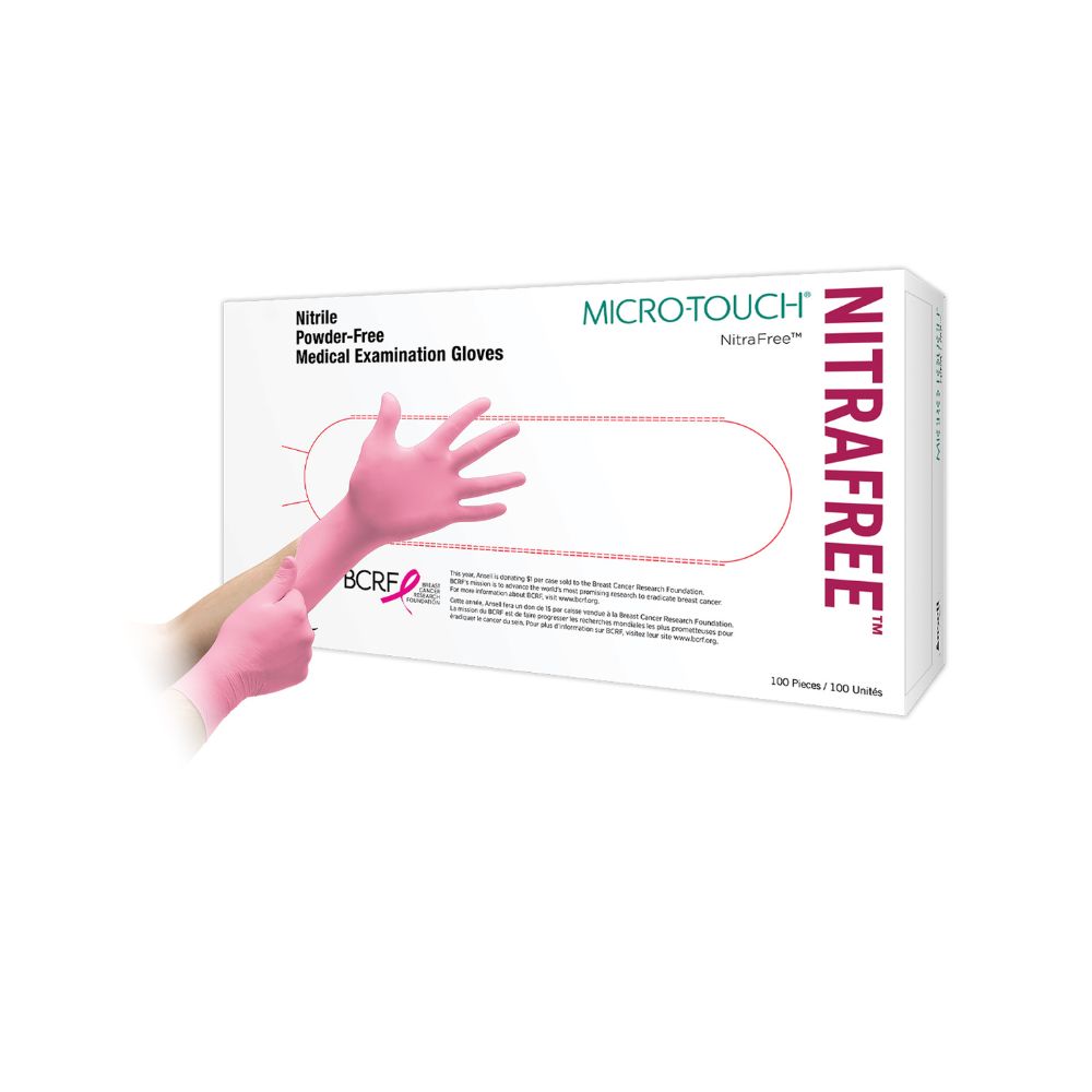 Roze Ansell Micro-Touch NitraFree nitril onderzoekshandschoenen, doos van 100