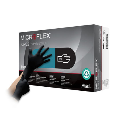 Zwarte Ansell Microflex MidKnight Touch nitril-onderzoekshandschoenen, doos van 100