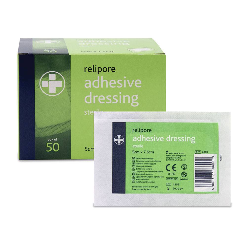 5 cm x 7,5 cm Relipore zelfklevende verbandpads, 50 stuks