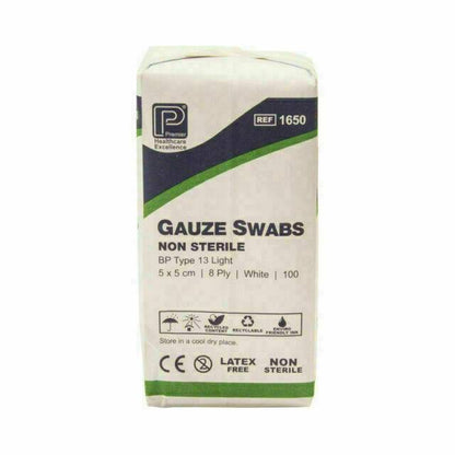 Premier Gaas Swabs: 5 cm x 5 cm 8 Laags x 100