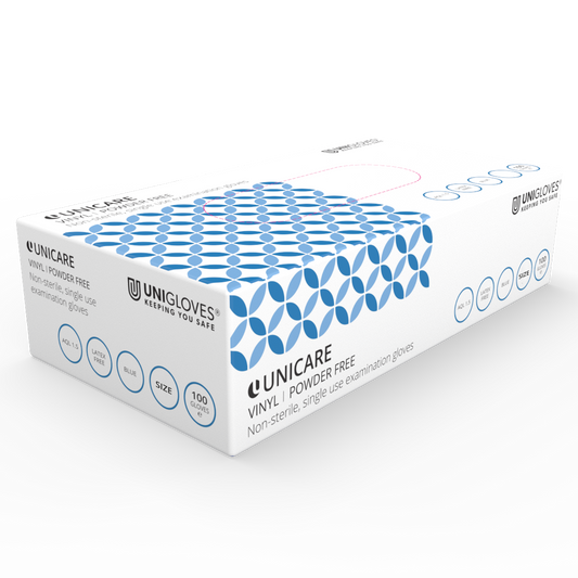 Unicare Blue Vinyl EN455 Examination Gloves Box of 100