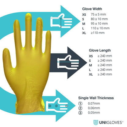 Unicare Yellow vinyl examination gloves Box of 100 - UKMEDI - UK MEDICAL SUPPLIES