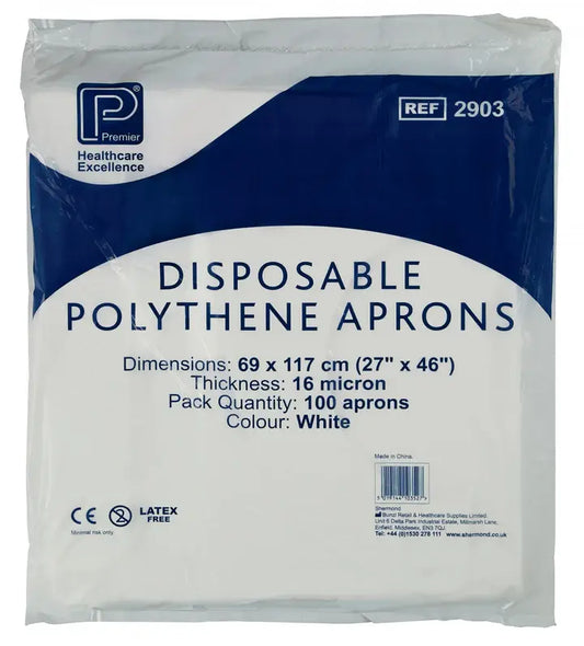 White Disposable Polythene Aprons 69cm x 117cm Pack of 100 Premier