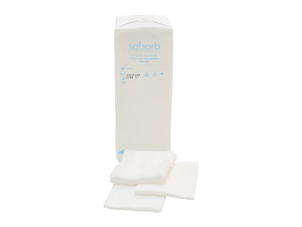 7,5 cm x 7,5 cm 4-laags Sofsorb non-woven wattenstaafjes, pakket van 200