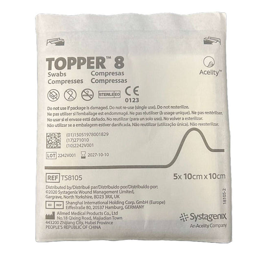 10 cm x 10 cm Topper 8 steriele gaasjes, één pakket van 5