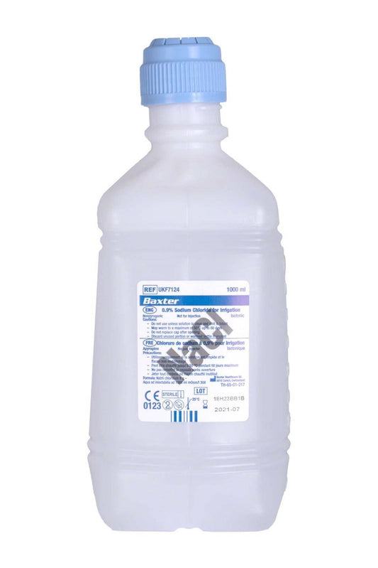 1 liter NaCl 0,9% natriumchloride voor irrigatie Baxter NaCl 0,9% natriumchloride (zoutoplossing) voor irrigatie. Eén liter (1000 ml).