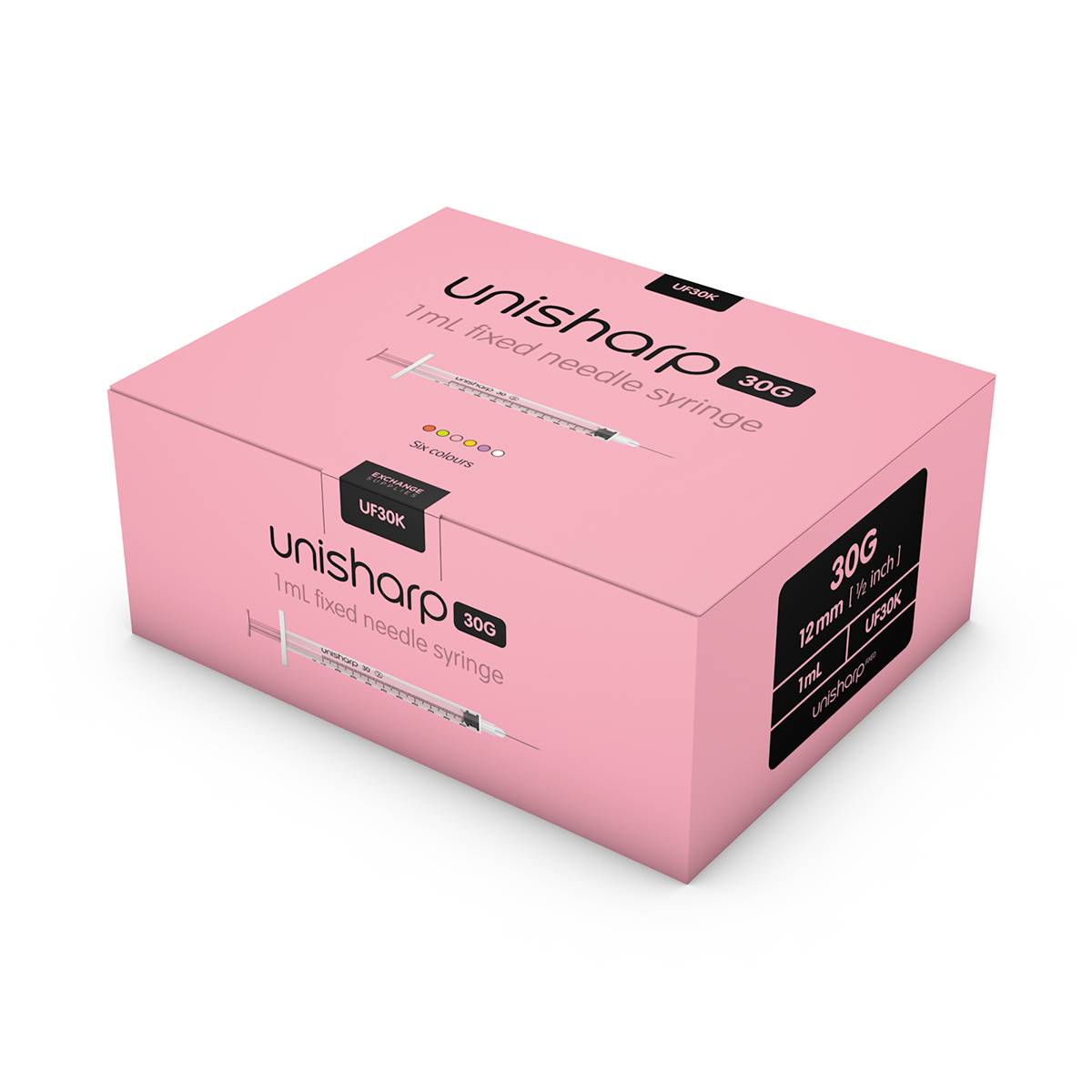 1 ml 0,5 inch 30 g roze Unisharp spuit en naald u100