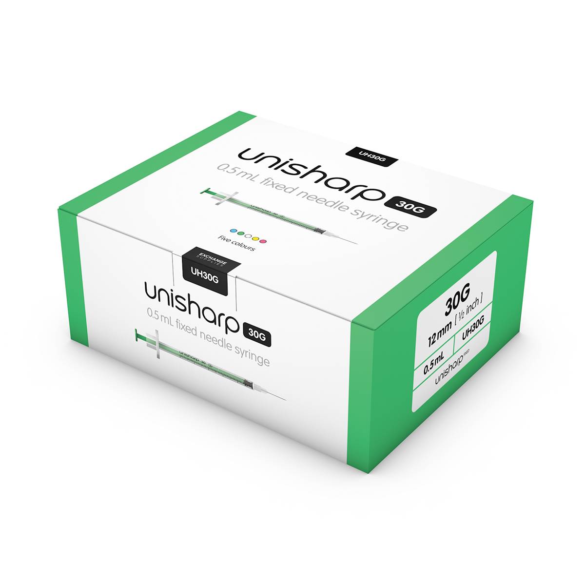 0,5 ml 0,5 inch 30 g groene unisharp spuit en naald u100