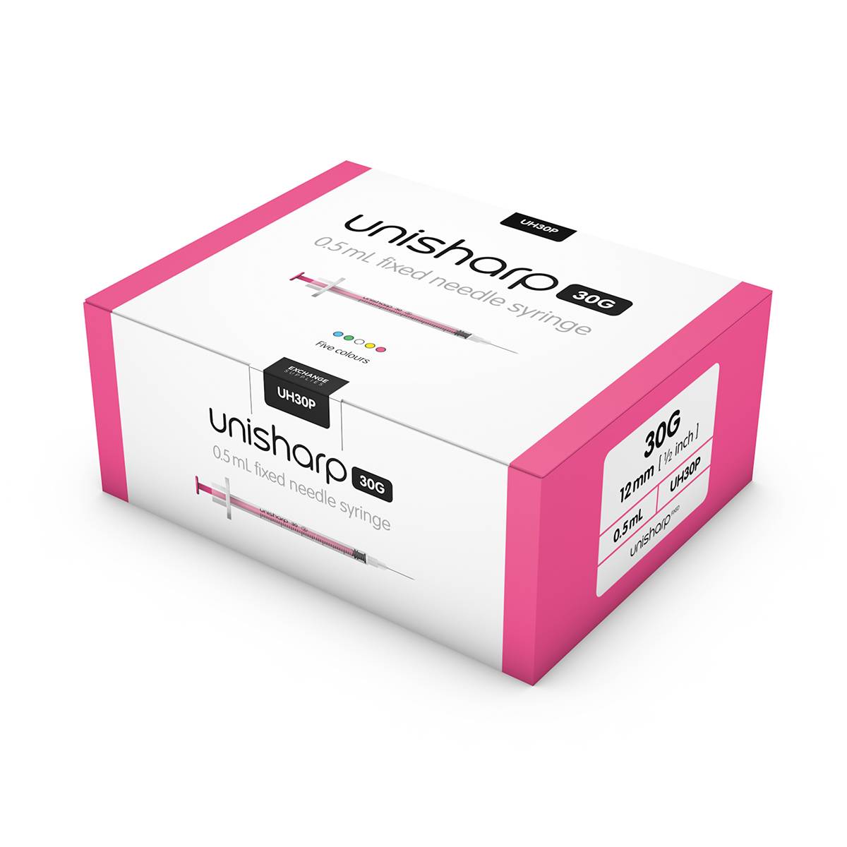 0,5 ml 0,5 inch 30 g roze unisharp spuit en naald u100